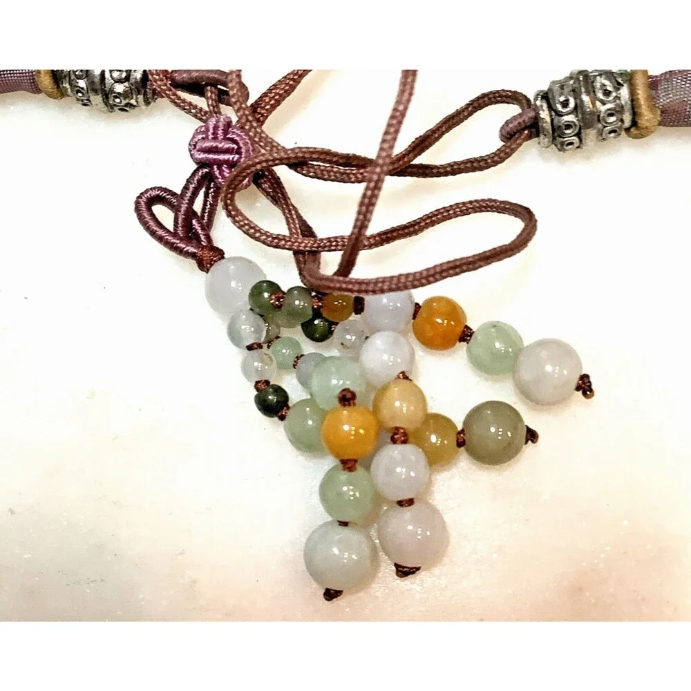 Vintage Jadeite Carved Necklace Y-Drop Pendant Silk Cord Asian Bead Lariat